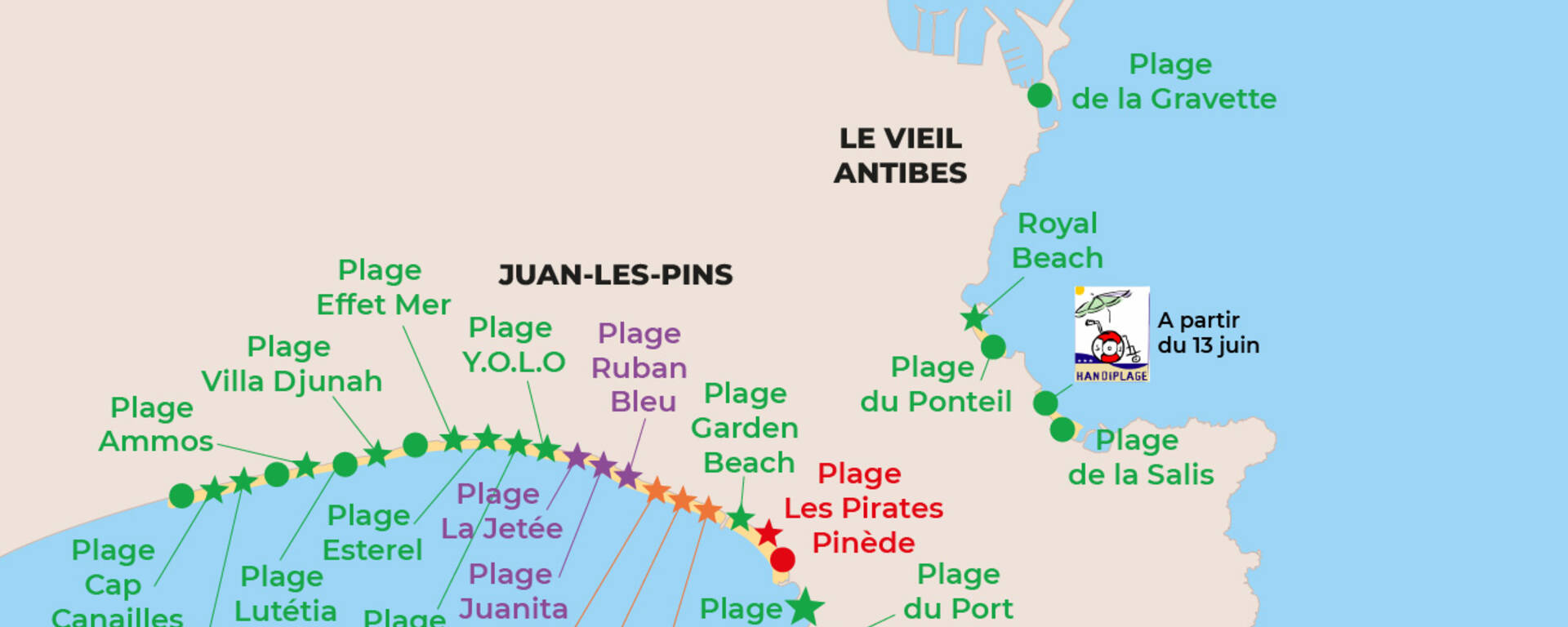 map of the beaches in Antibes Juan-les-Pins
